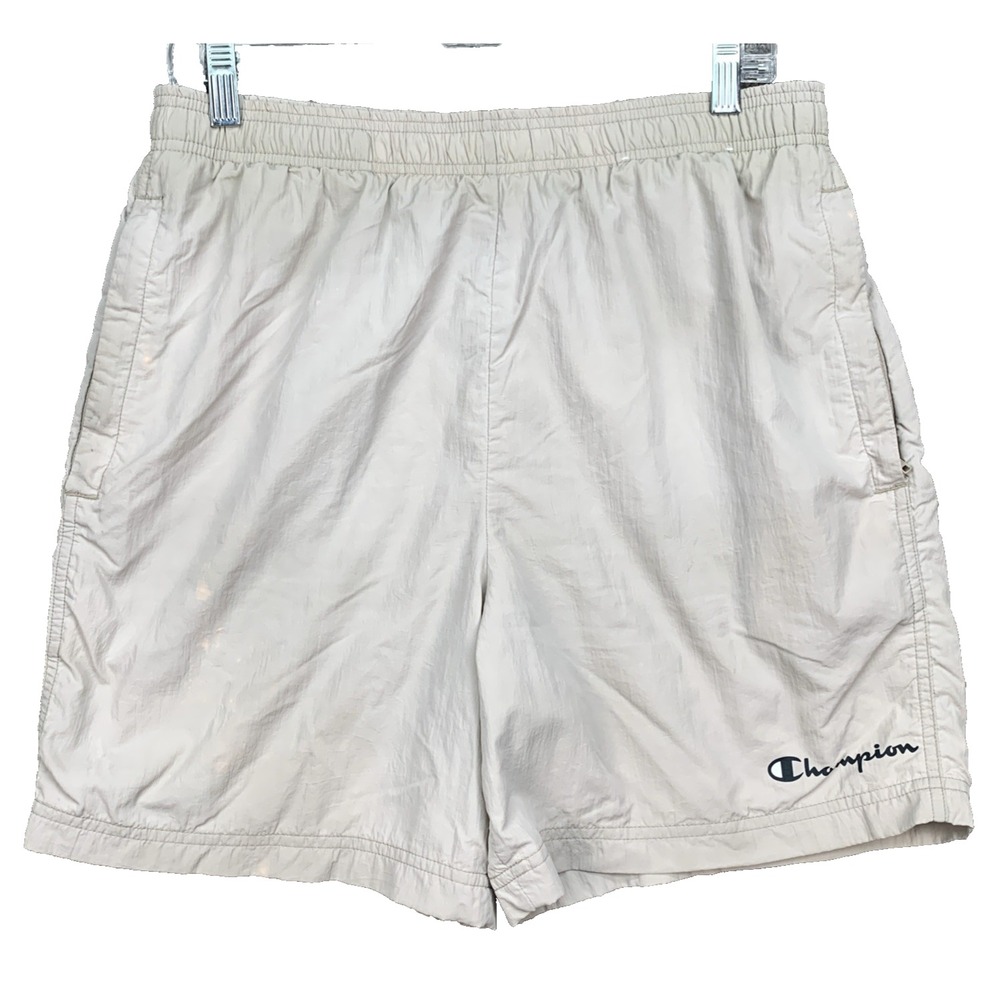 Champion Beige Nylon Lined Swim Trunks Shorts Mens Size Medium Drawstring